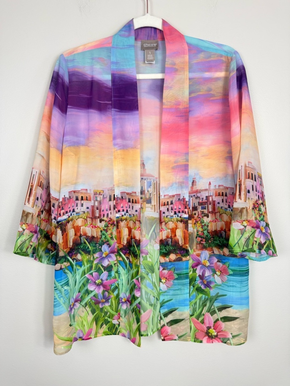 Chico's Pullover Open Front Cardigan Womens Medium Sunrise Pastel Colorful Sheer